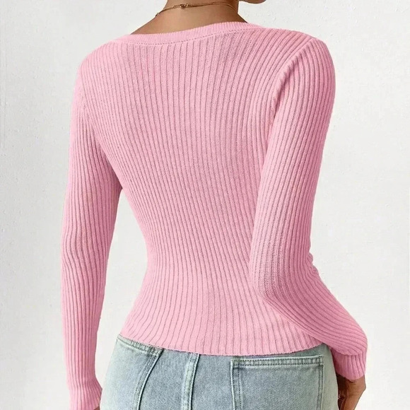 Pink Casual Women's Slim Solid Color Rib Knit Cardigan - Picture 2 of 7